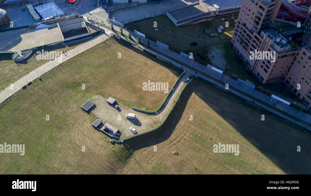 Milan, Italy, green area near Piazza Gae Aulenti view from above, aerial view Stock Photo