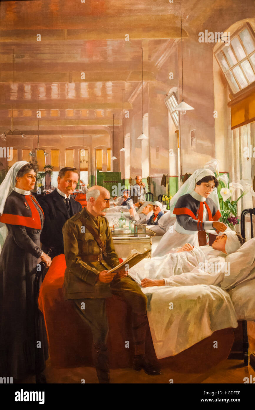 Wales, Cardiff, National Museum Cardiff, Painting showing Care of Wounded Soldiers at Cardiff Royal Infirmary by Margaret Lindsay Williams dated 1916 Stock Photo