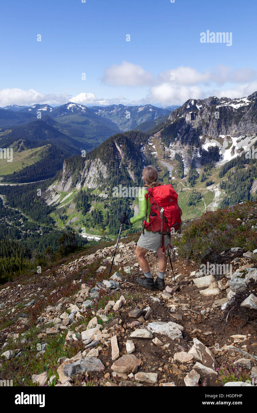 WA11910-00...WASHINGTON - Hiker on the Snoqualmie Mountain Trail in the Mount Baker-Snoqualmie National Forest. (MR# S1) Stock Photo
