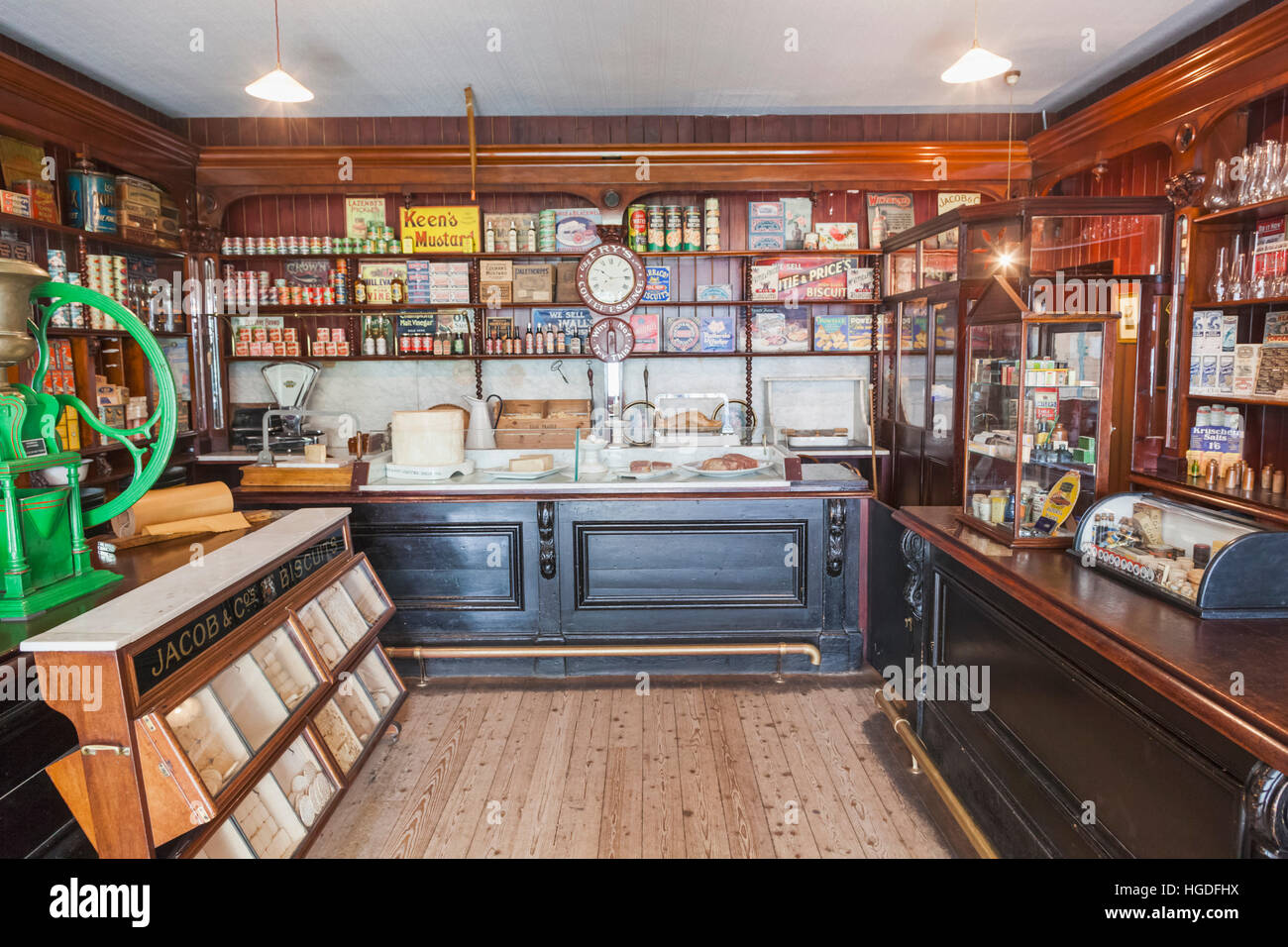 Wales, Cardiff, St Fagan's, Museum of Welsh Life, Gwalia Supply Store, Interior display of Historic and Vintage Food and Household Products Stock Photo