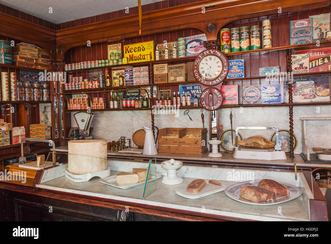Wales, Cardiff, St Fagan's, Museum of Welsh Life, Gwalia Supply Store, Interior display of Historic and Vintage Food and Household Products Stock Photo