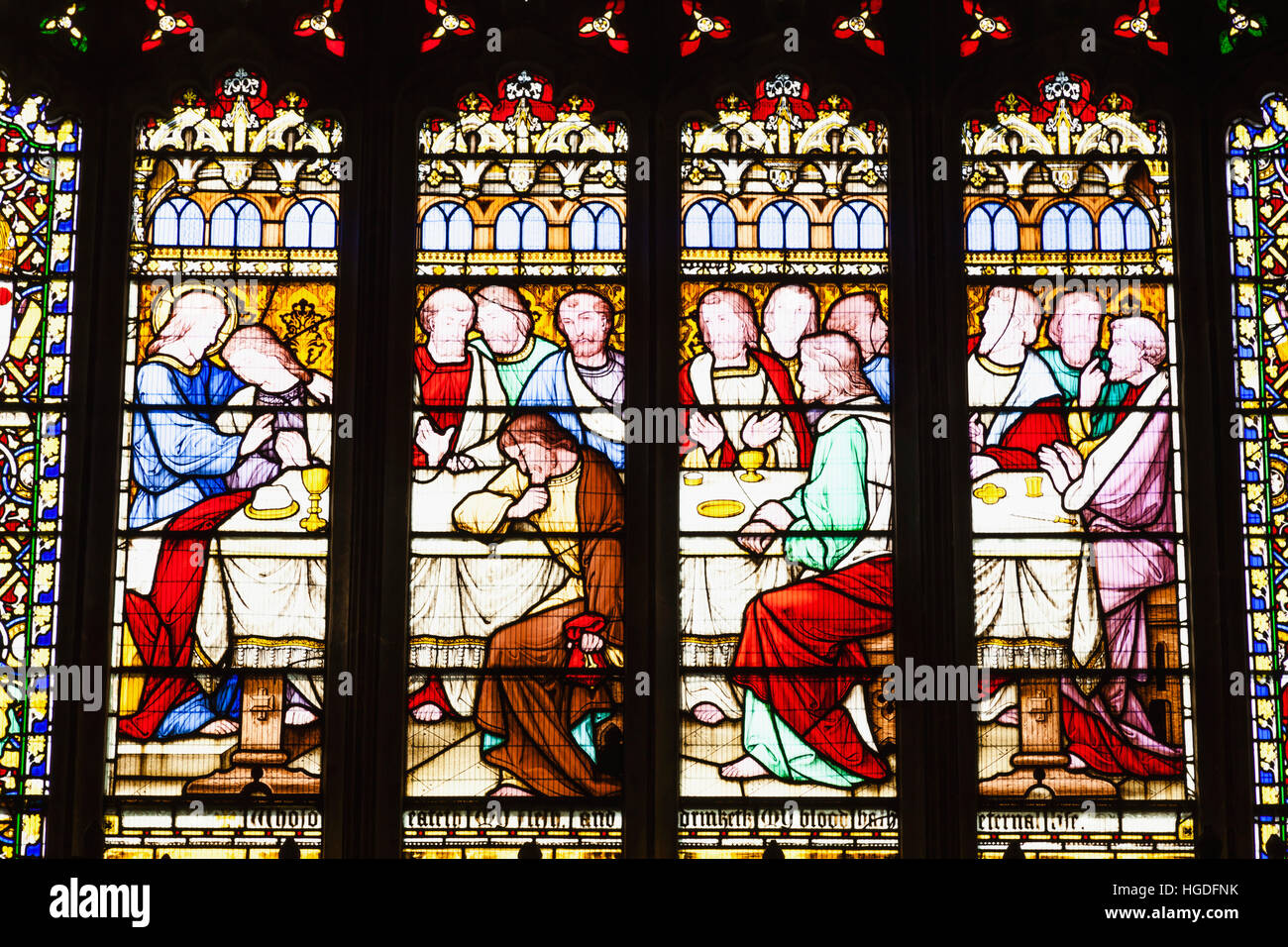 England, Worcestershire, Cotswolds, Evesham, Evesham Abbey, All Saints Church, Stained Glass Window depicting The Last Supper Stock Photo