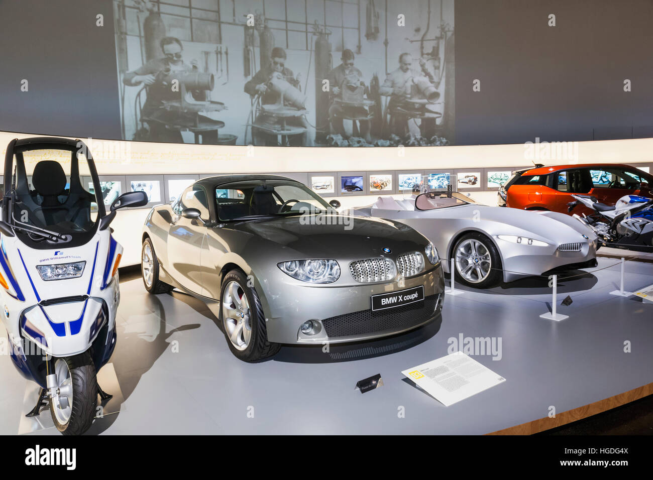 Germany, Bavaria, Munich, BMW Museum, Display of Historic Vehicles Stock Photo