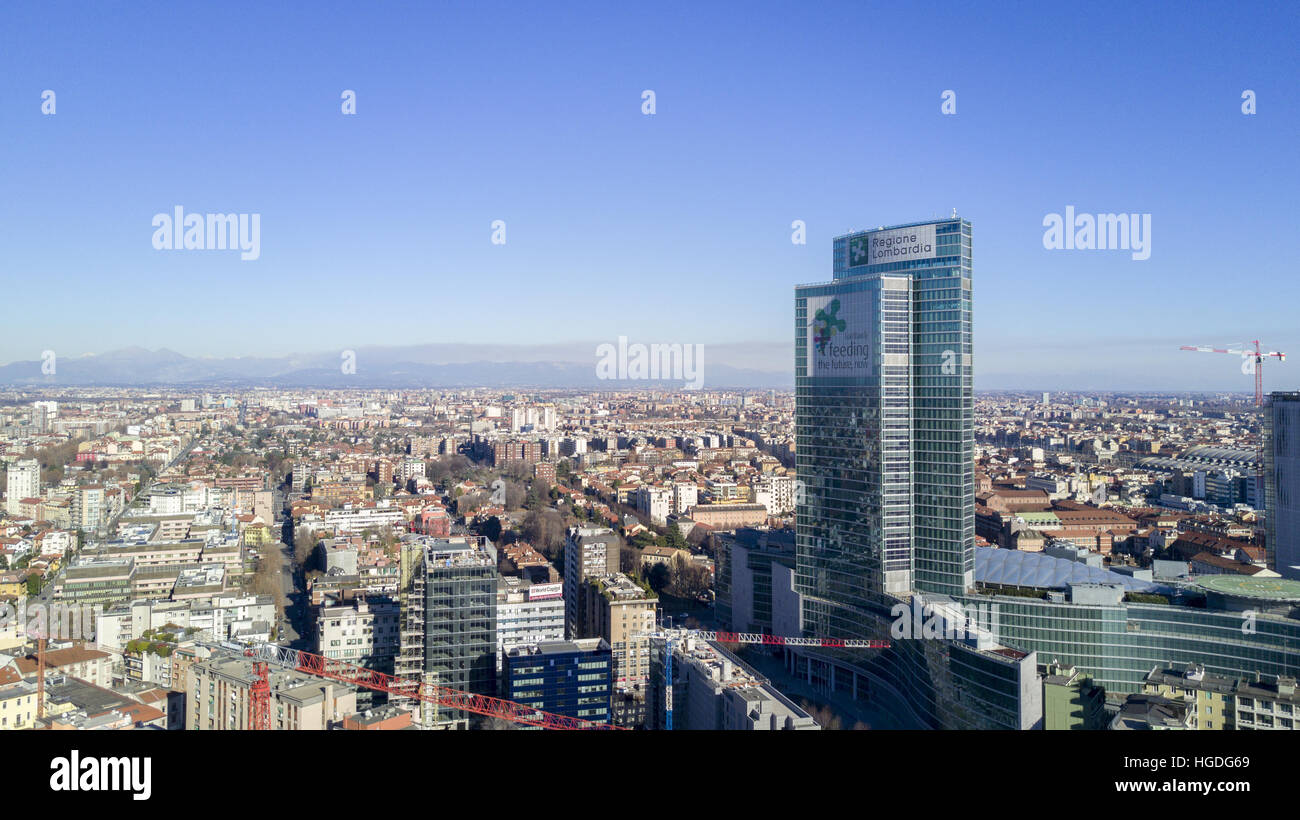 Aerial view of Palazzo Lombardia, Milan, Italy. the Lombardy region skyscraper, the square city of Lombardy Stock Photo