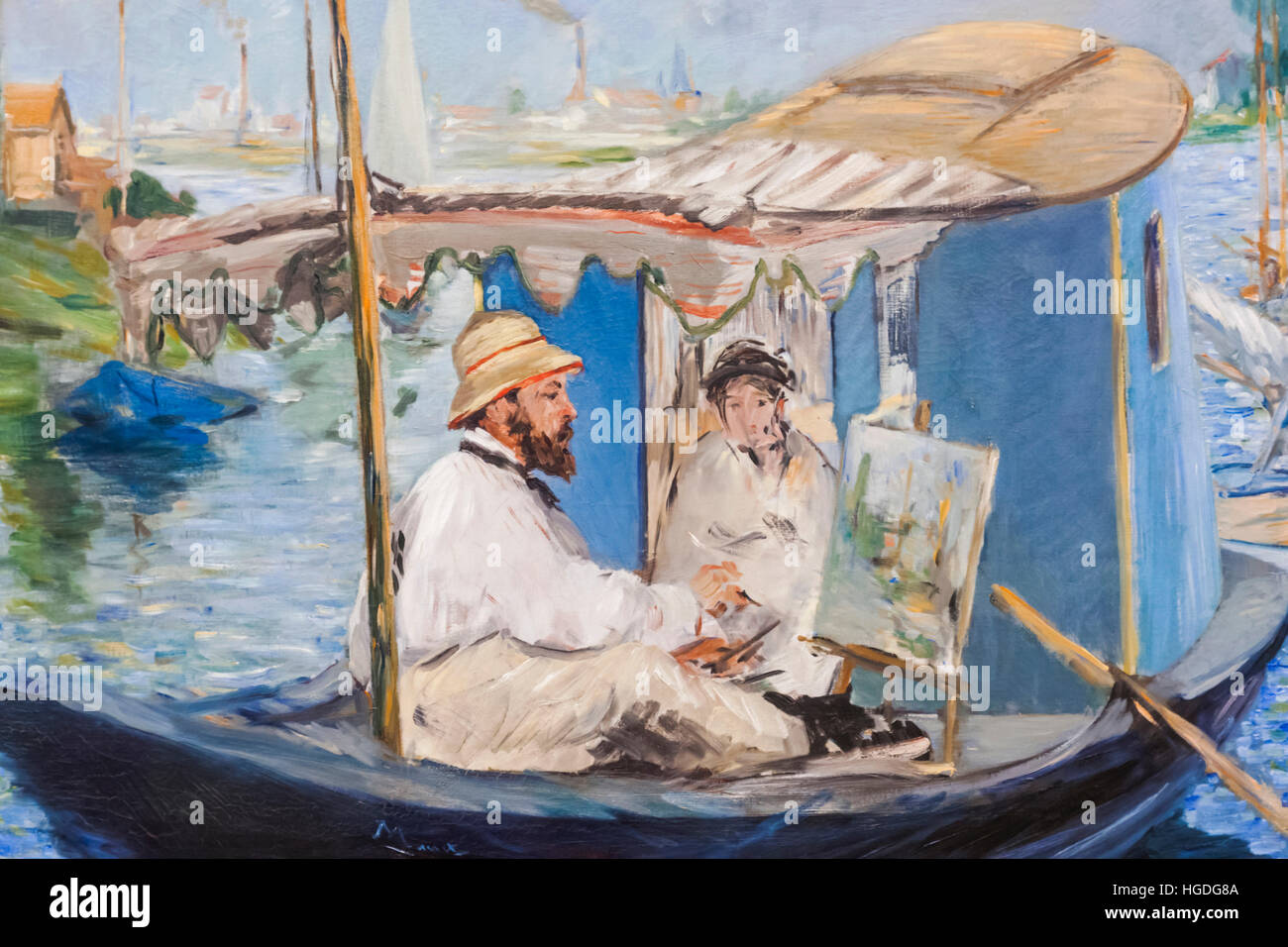 Germany, Bavaria, Munich, The New Pinakothek Museum (Neue Pinakothek), Painting titled 'Monet Painting on His Studio Boat' (Die Barke) by Edouard Manet dated 1874 Stock Photo