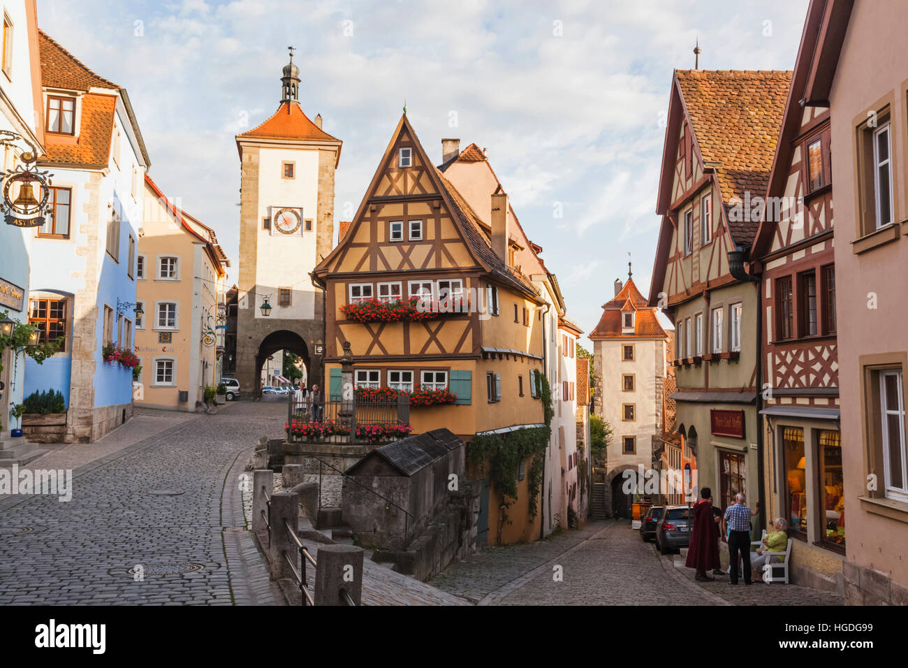 Germany, Bavaria, Romantic Road, Rothenburg-ob-der-Tauber, Ploenlein and Siebers Tower Stock Photo