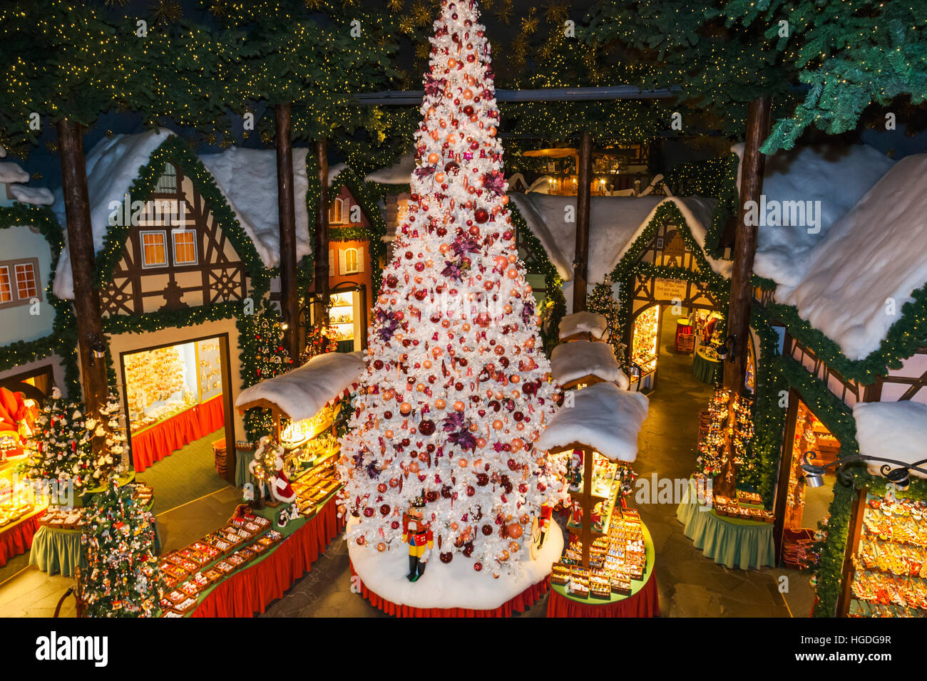 Germany, Bavaria, Romantic Road, Rothenburg-ob-der-Tauber, Kath Wohlfart Christmas Shop, Christmas Tree Stock Photo