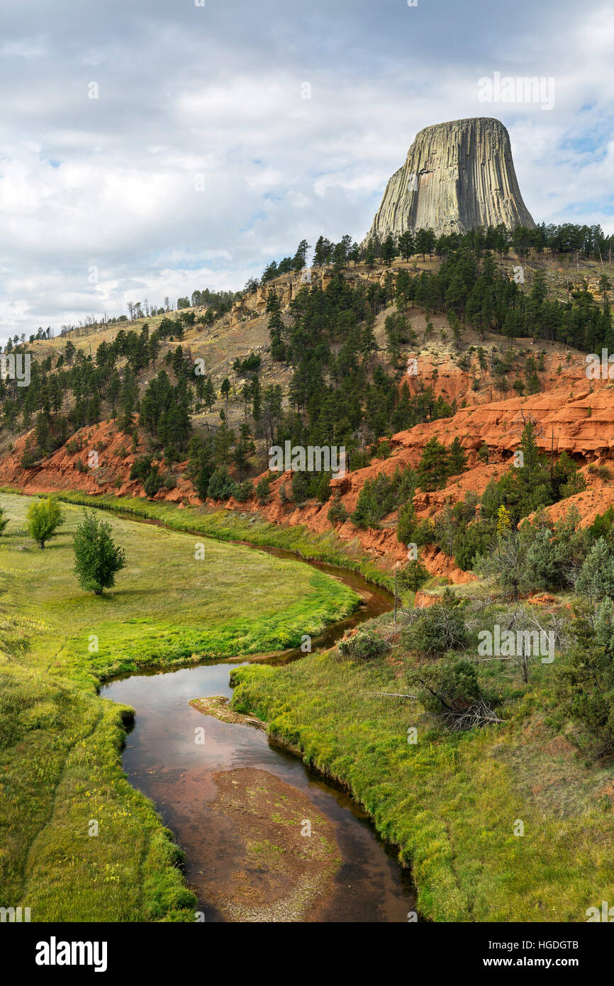 WY02252-00...WYOMING - Devils Tower with the Red Banks and Belle Fourche River in Devils Tower National Monument. Stock Photo