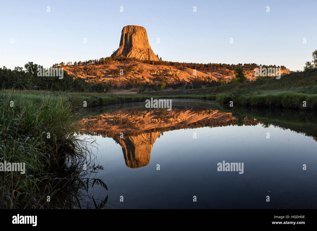 WY0227700...WYOMING Devils Tower reflected in the Belle Fourche River, Devils Tower National