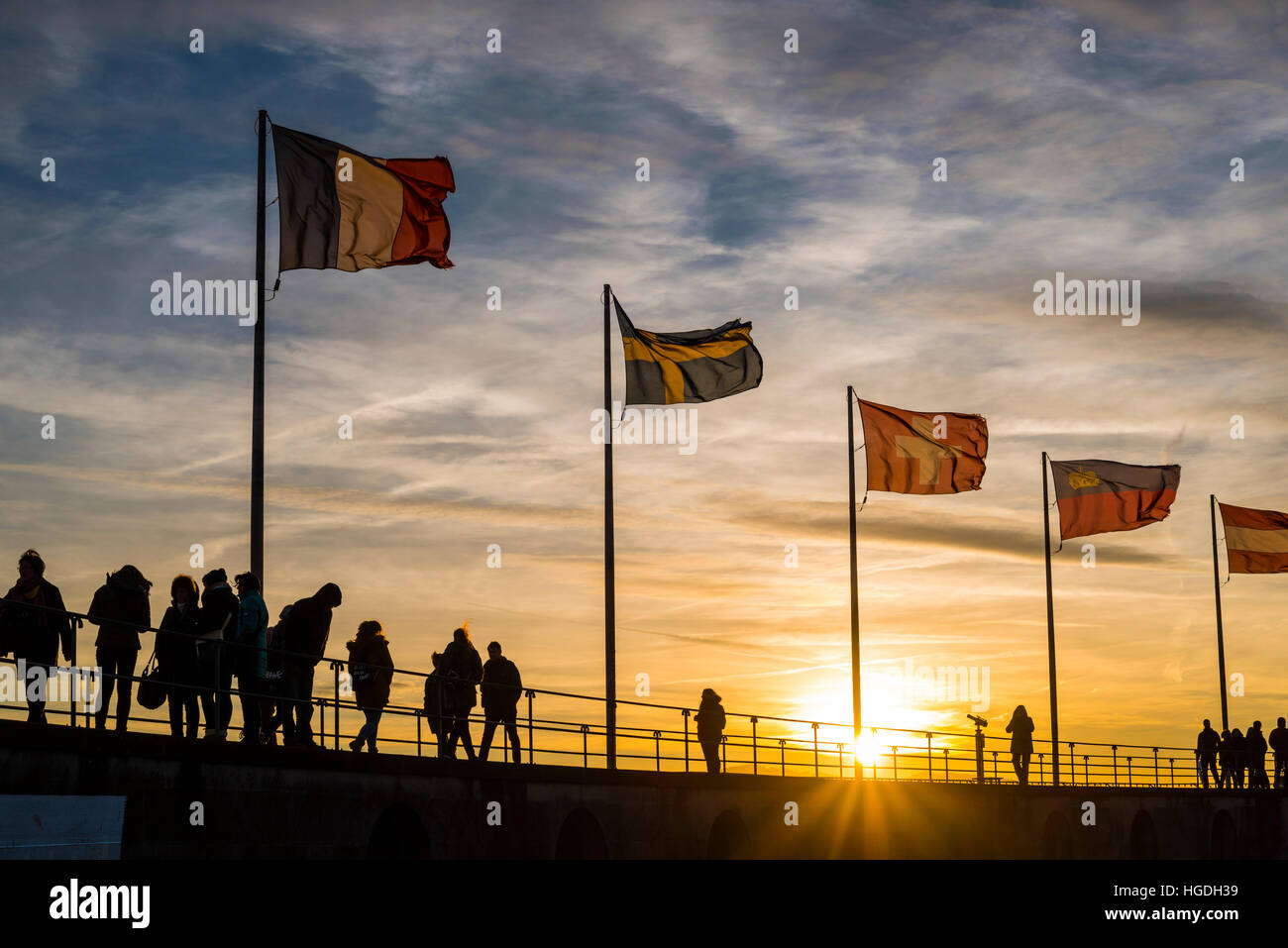 people, silhouettes flages, Lindau, Bavaria Stock Photo