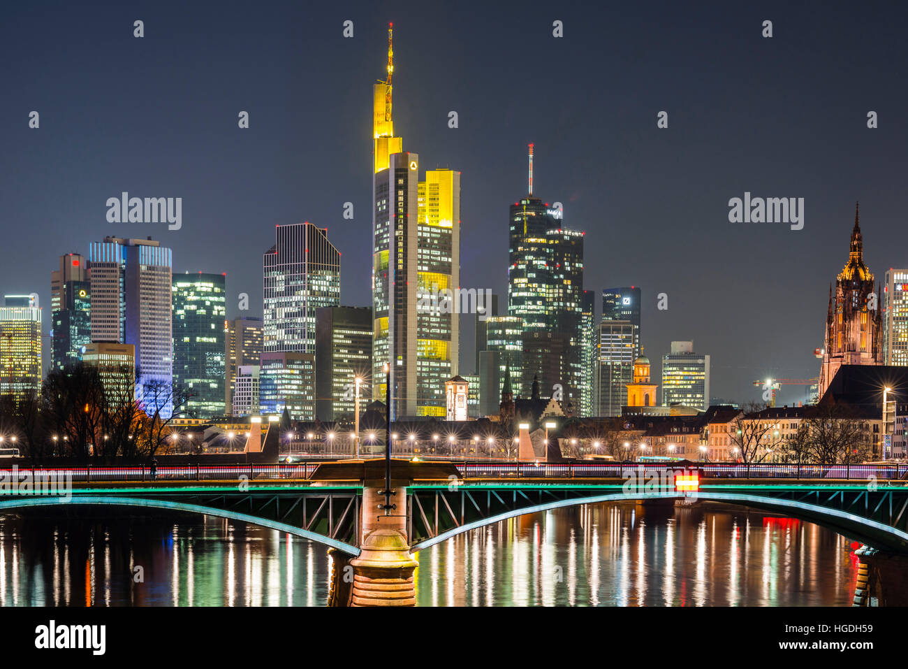 Skyline, Ignaz-Bubis-Bridge, financial district, Frankfurt on Main, Stock Photo
