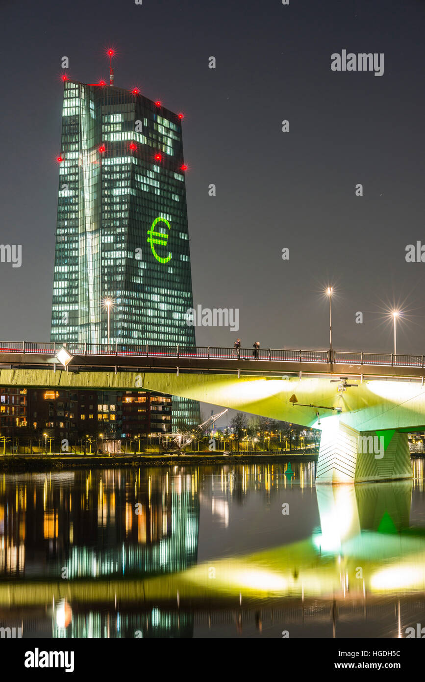 Skyline, Flösserbrücke bridge, financial district, Frankfurt on Main, Stock Photo
