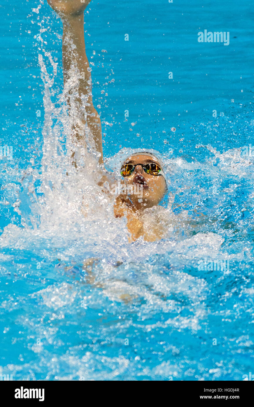 Rio de Janeiro, Brazil. 10 August 2016.  Robert Glinta (ROU) competing in the men's 200m backstroke heat at the 2016 Olympic Summer Games. ©Paul J. Su Stock Photo