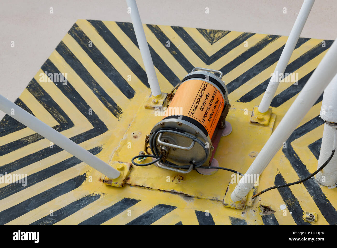 Maritime Black Box voice and data recorder mounted on ship foredeck. Stock Photo