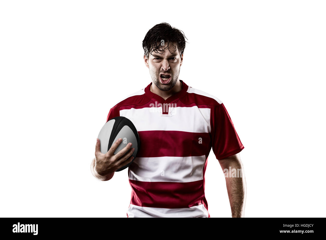 Rugby player in a red uniform. White Background Stock Photo