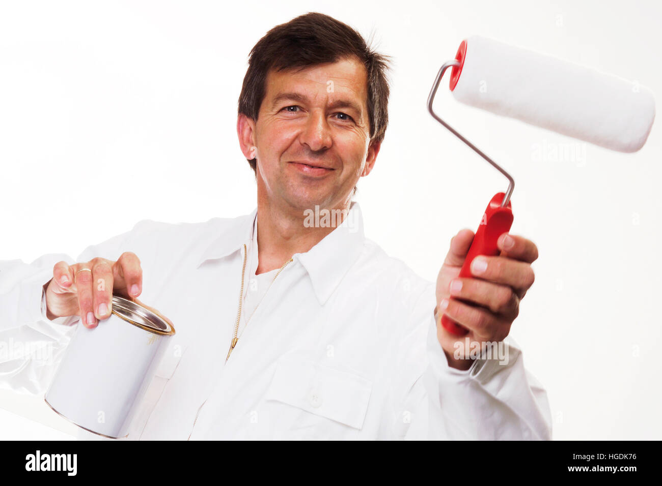 Painter with paint roller in his hand Stock Photo Alamy