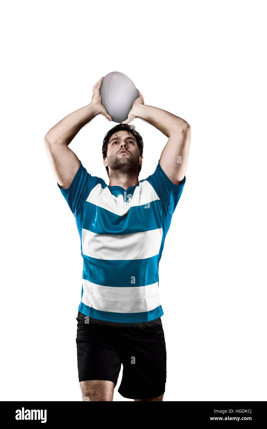 Rugby player in a Blue uniform. White Background Stock Photo
