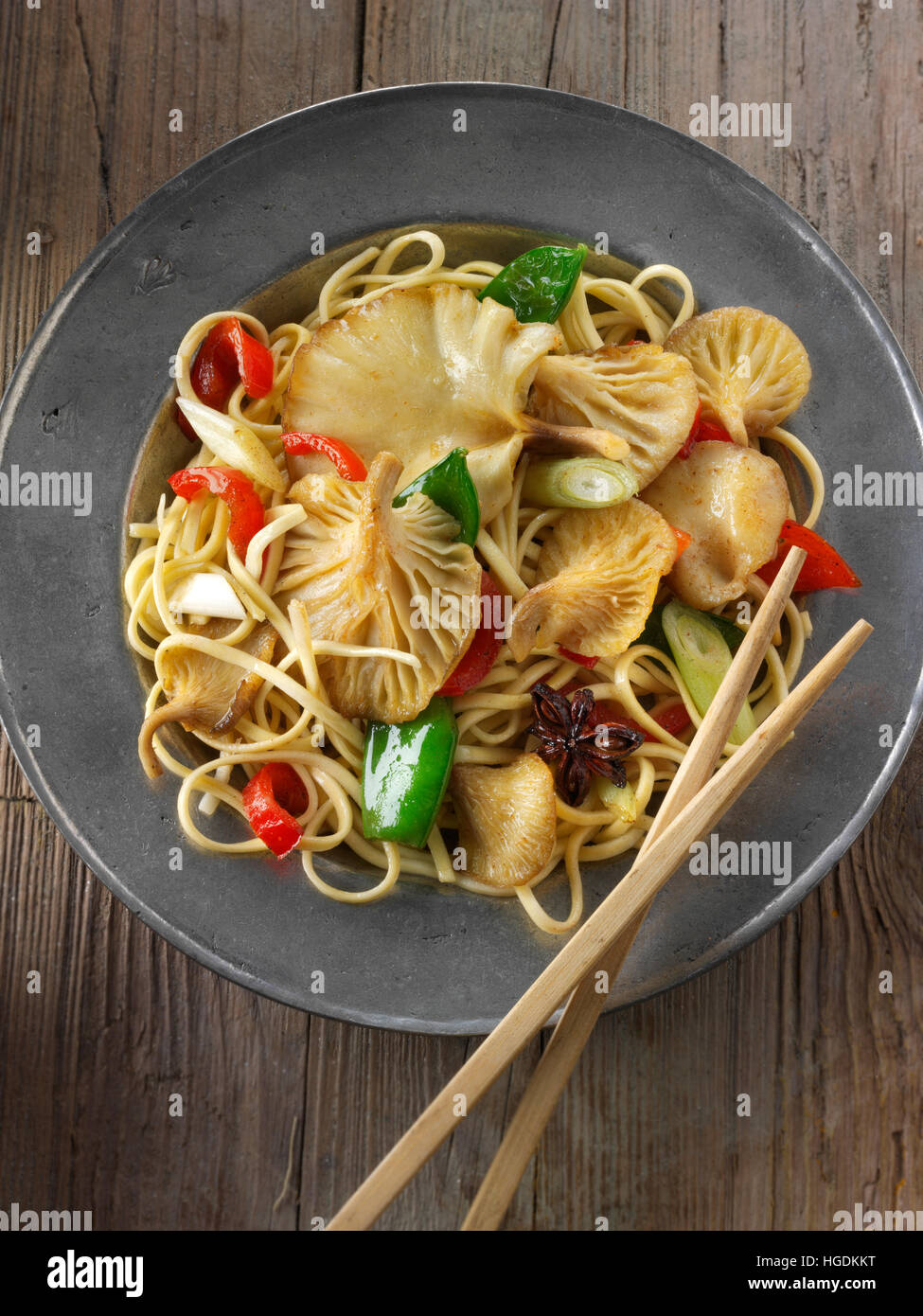 Yellow Oyster mushroom stir fry with noodles, mange tout, red pepper