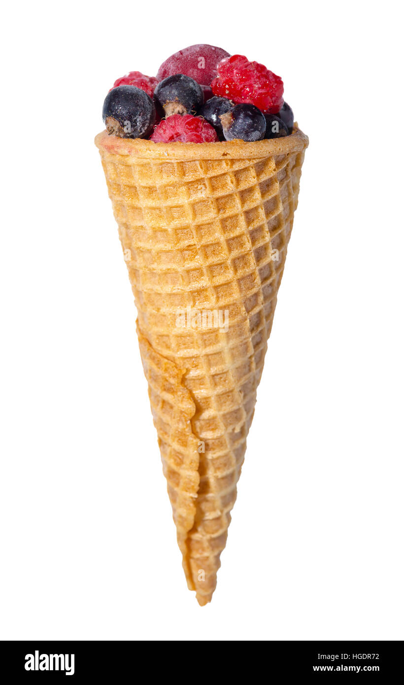 waffle cone with frozen berries isolated on white background, concept