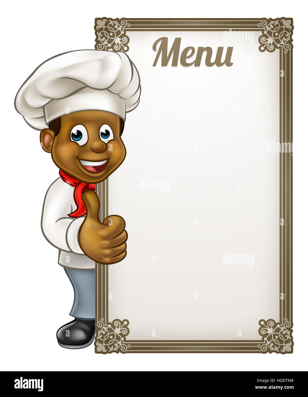 Cartoon black chef or baker character giving thumbs up with menu sign board Stock Photo