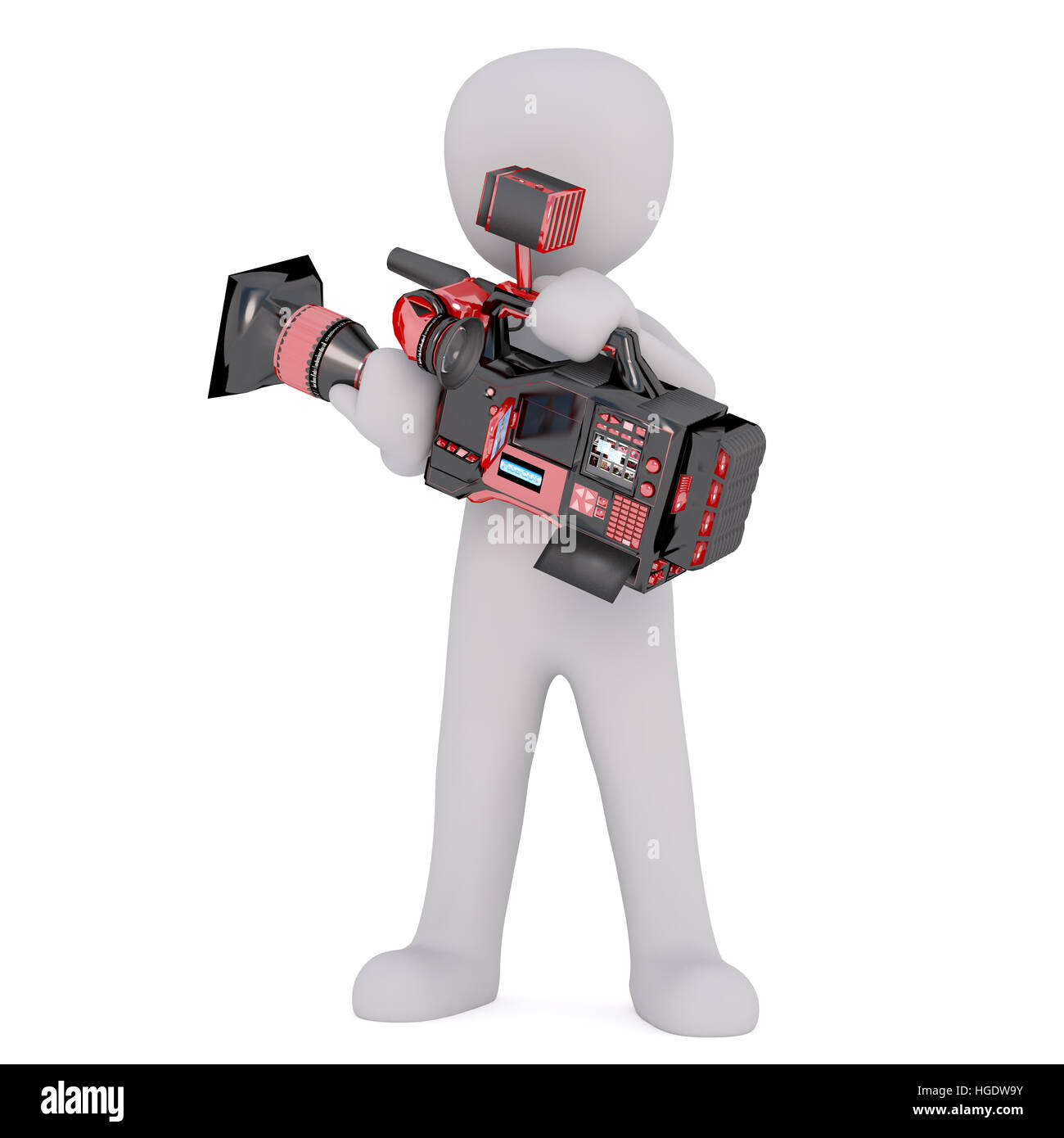 3d Rendering of Cartoon Figure Holding Motion Picture Camera in front of White Background with Copy Space Stock Photo