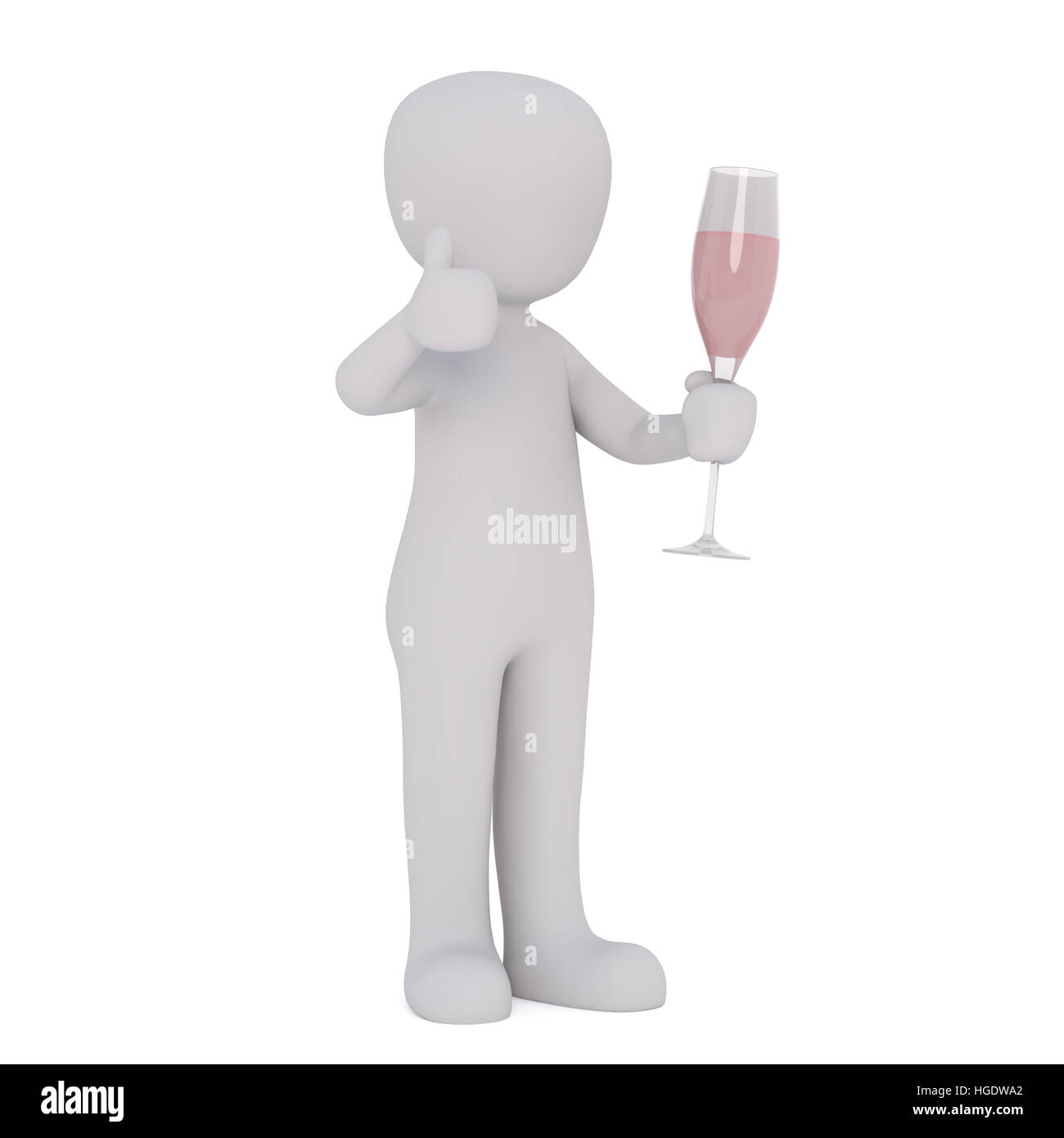 3d Rendering of Cartoon Figure Holding Champagne Flute Filled with Pink Wine and Giving Thumbs Up Sign in front of White Background Stock Photo