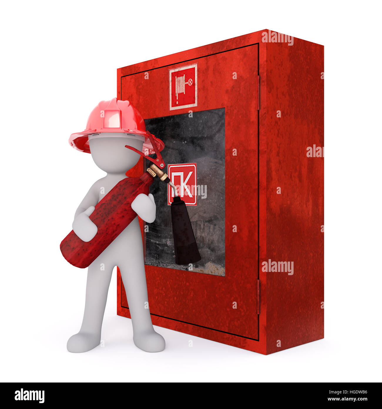 3d Rendering of Cartoon Figure Wearing Helmet and Holding Fire Extinguisher Standing in front of Red Emergency Alarm Box on White Background Stock Photo