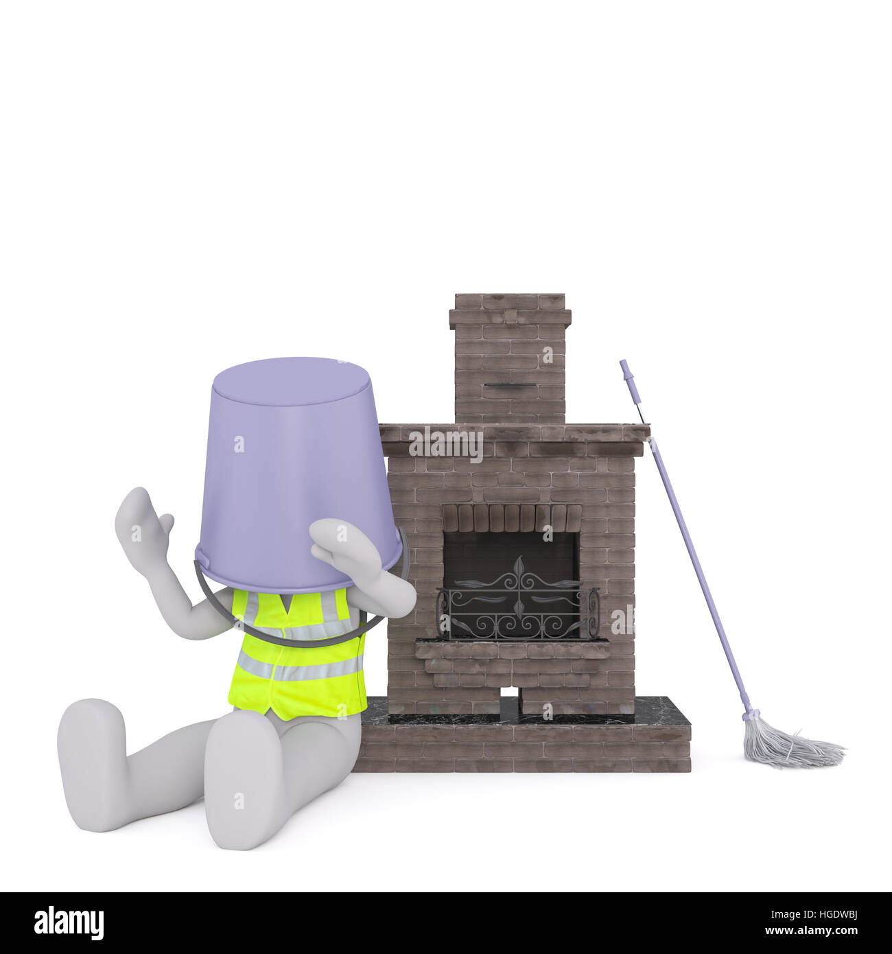 Humorous 3d Rendering of Cartoon Figure Wearing Safety Vest Sitting on Floor with Bucket on Head and Leaning Against Brick Fireplace in front of White Stock Photo