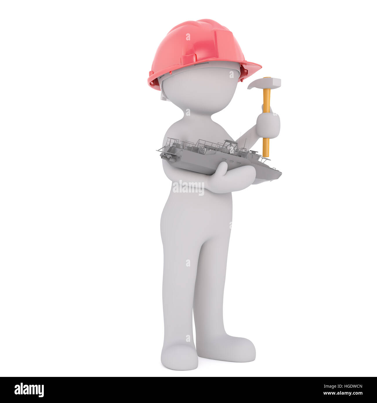 3D rendered figure holds hammer and mini trawler while wearing a red hardhat Stock Photo