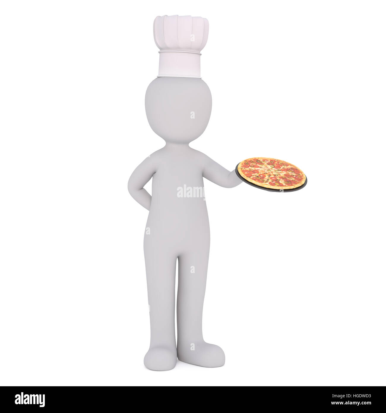 3d Rendering of Cartoon Figure Wearing Chef Hat and Holding Pizza on Pan While Standing White Background with Copy Space Stock Photo