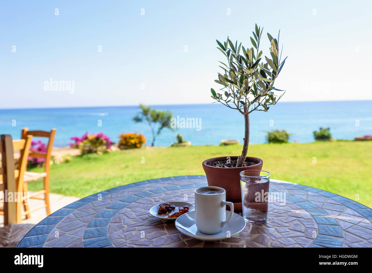Traditional cup of coffee on a table with olive tree, glass of water