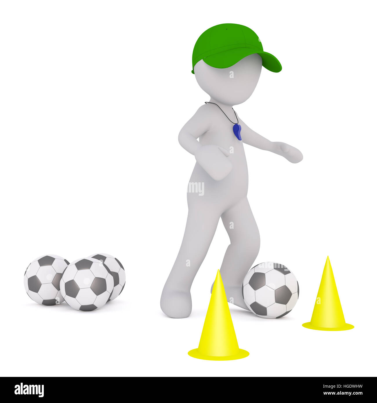 3D rendering of figure in green cap with whistle maneuvering soccer
