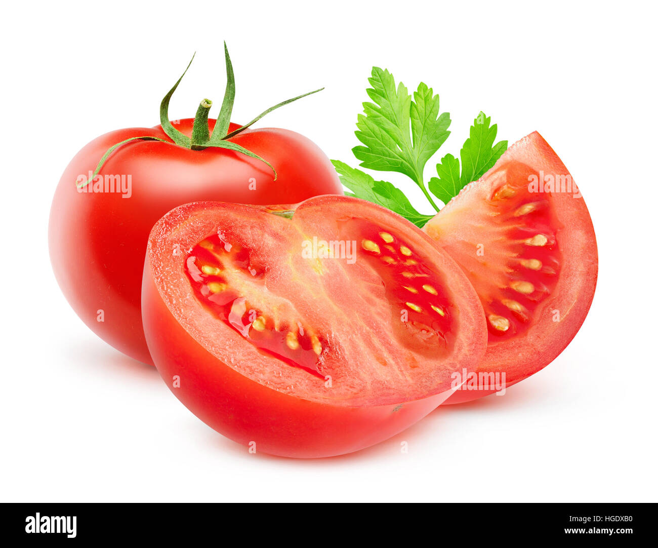 Isolated tomato. Whole and cut fresh tomatoes isolated on white background with clipping path Stock Photo