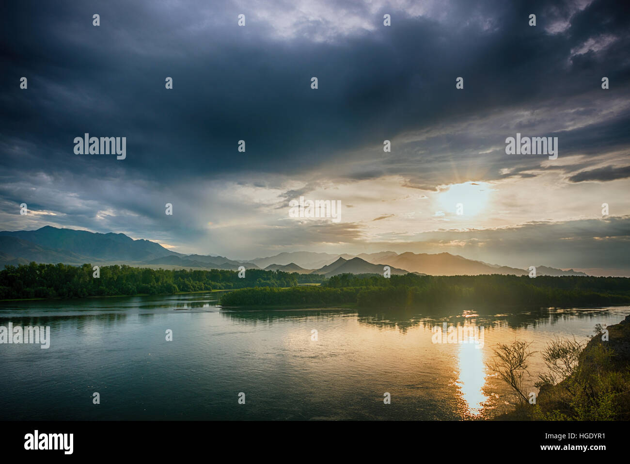 Beautiful forest landscape with river and trees at morning Stock Photo ...