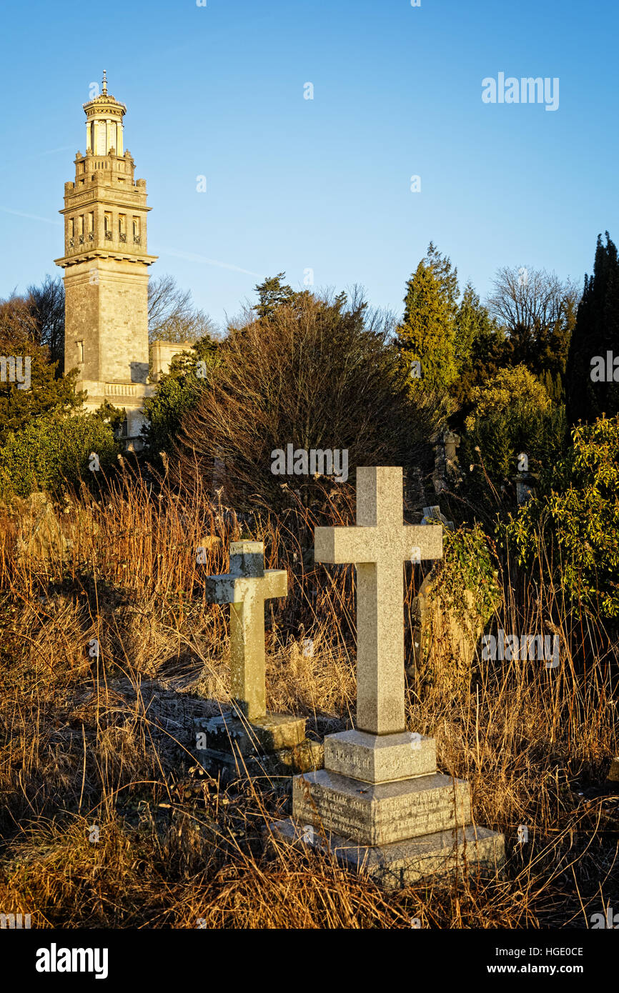 Lansdown Cemetery grave markers with Beckford's Tower in the background Stock Photo