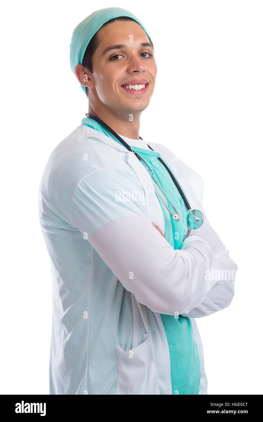 Young doctor portrait smiling occupation job doctor's overall isolated on a white background Stock Photo