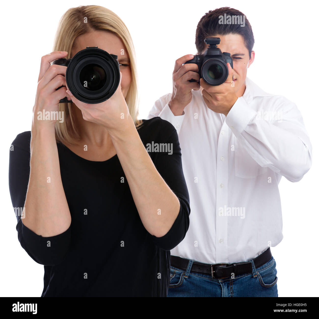 Photographers team photographer young trainee photography photos camera occupation hobby isolated on a white background Stock Photo