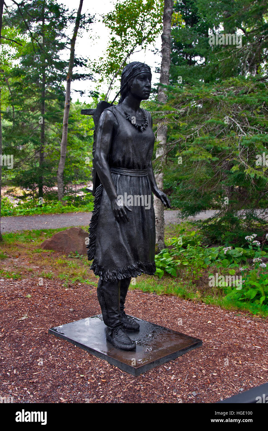 Maine; Calais, Saint Croix Island International Site, Bronze statue of a   Passamaquoddy Indian woman  Ivan Schwartz, Studio Stock Photo