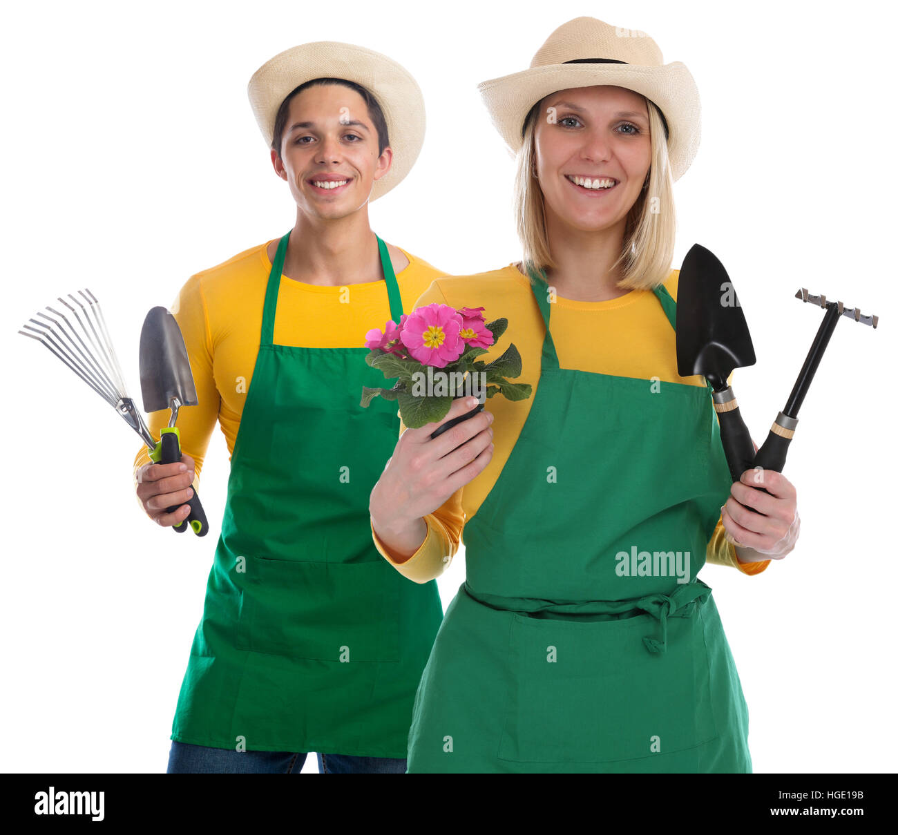 Gardener gardner team flower gardening garden tools occupation job isolated on a white background Stock Photo