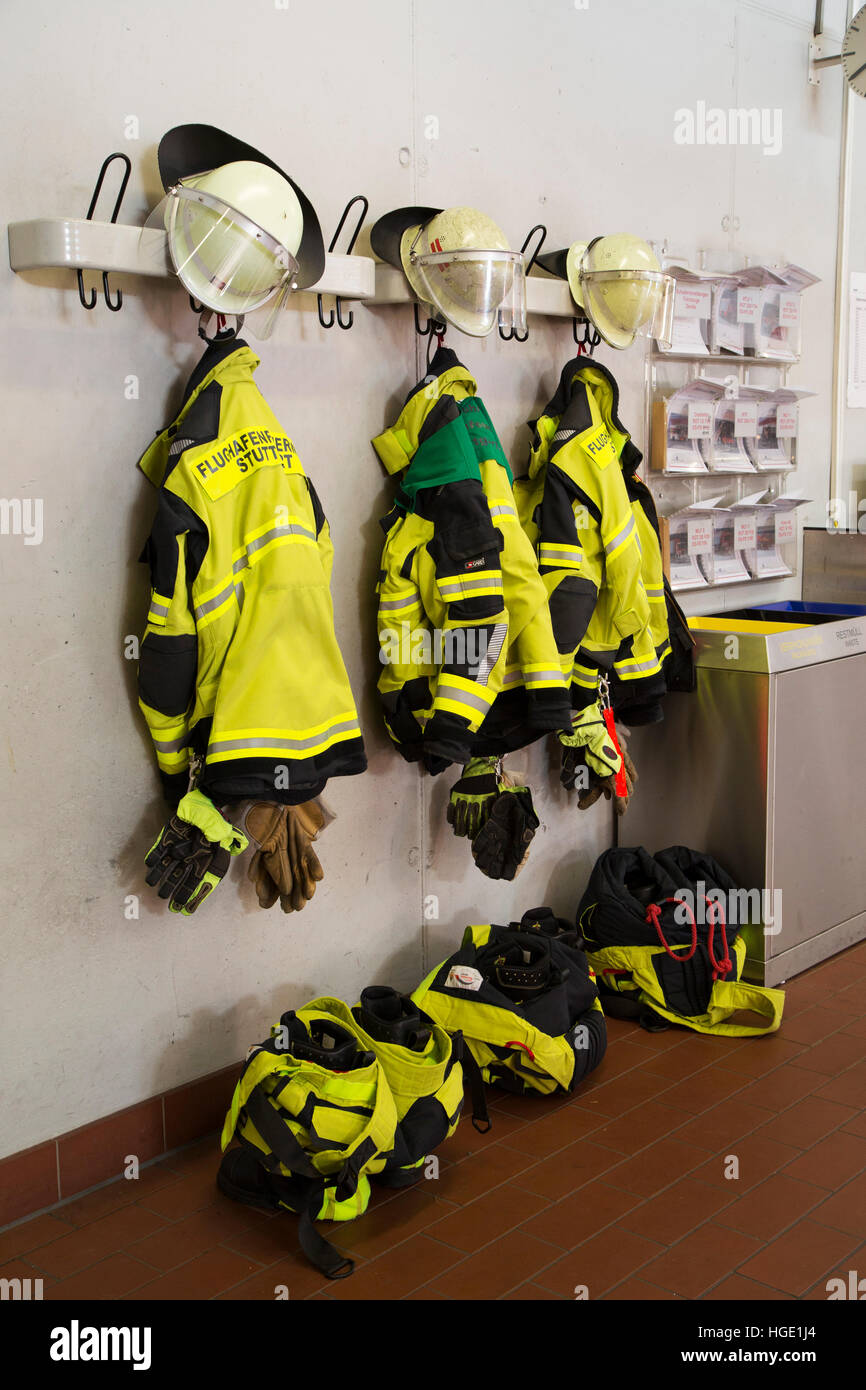 Fire fighters' helmets and clothing at the fire station in Stuttgart, Germany. Stock Photo