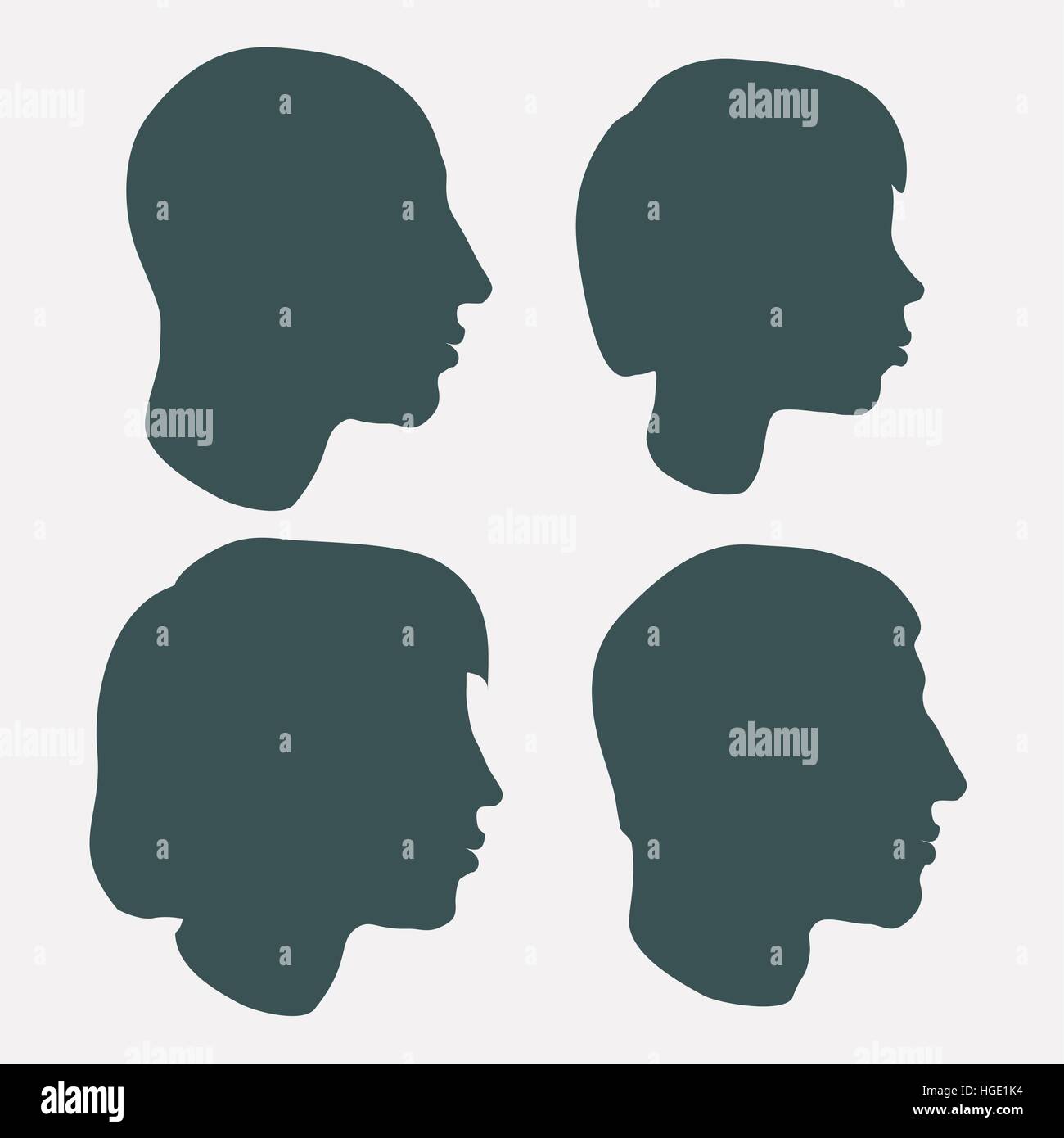 Four male, female and children silhouettes in profile. Flat vector on separated background. Stock Vector