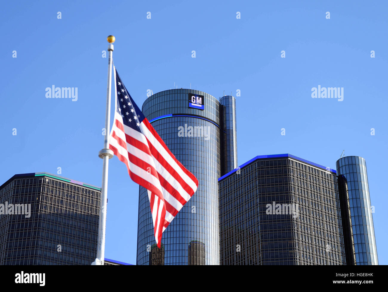 Detroit, Us. 08th Jan, 2017. The headquaters of US auto company General Motos (GM) in Detroit, Michigan, United States, as seen on 08 January 2017. In front an American flag can be seen. The North American International Auto Show (NAIAS) will start 09 January 2017. At first its doors will open only for the press and dealers, and then from 14 January until 22 January, it will also open for private visitors. Photo: Uli Deck/dpa/Alamy Live News Stock Photo