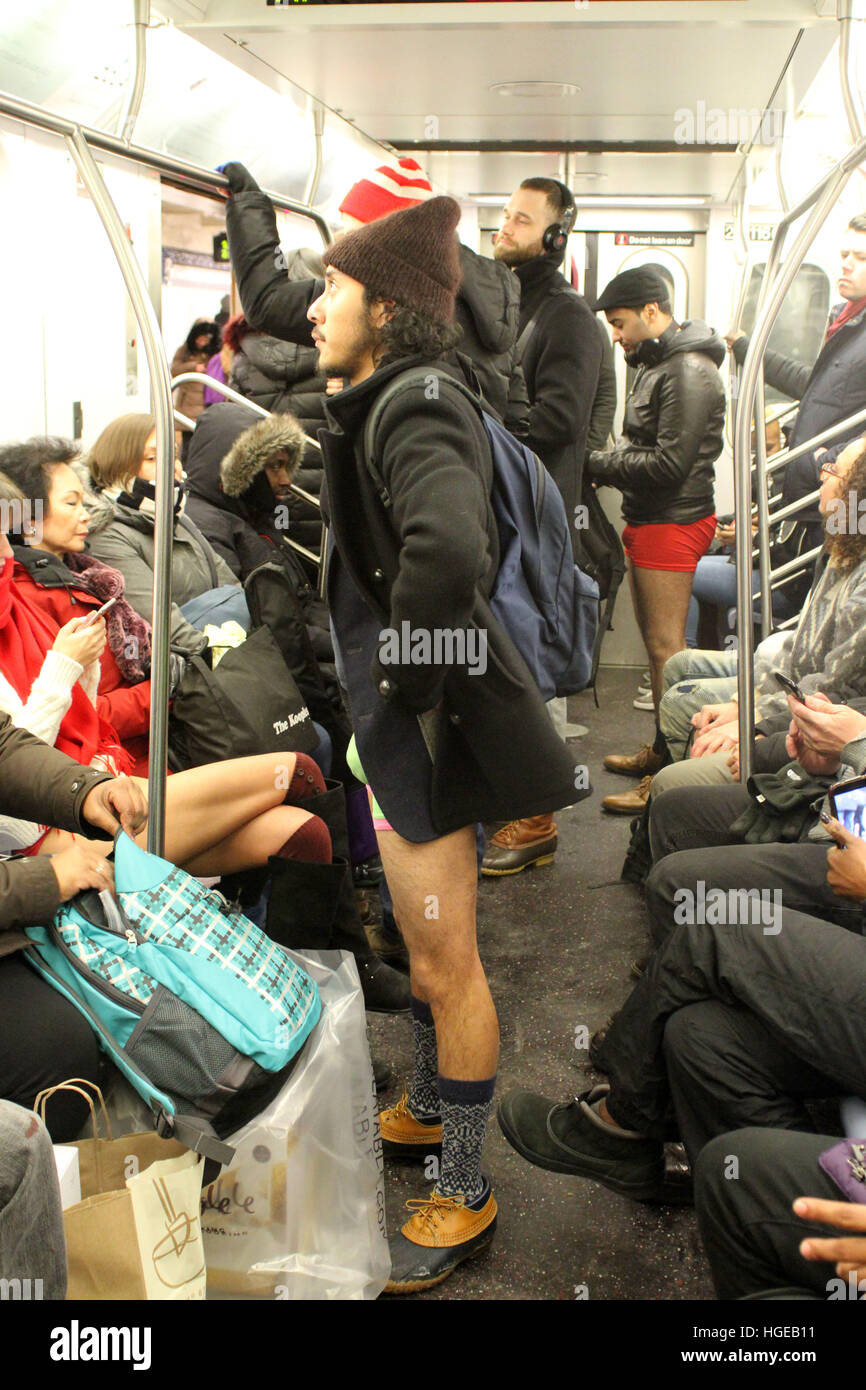 New York, New York, USA. 8th Jan, 2017. No Pants Subway ride 2017 improv everywhere hosted the 16th annual event. subway ride in N.Y.C. 4,000 participants were expected this year in New York City alone. © Bruce Cotler/Globe Photos/ZUMA Wire/Alamy Live News Stock Photo