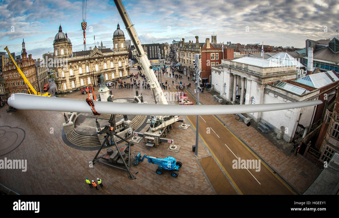 Art work 'Blade', A 250ft-long (75m) wind turbine, commissioned by multimedia artist Nayan Kulkarni and created by workers at the Siemens factory in Hull, is installed at Queen Victoria Square in Hull. Stock Photo
