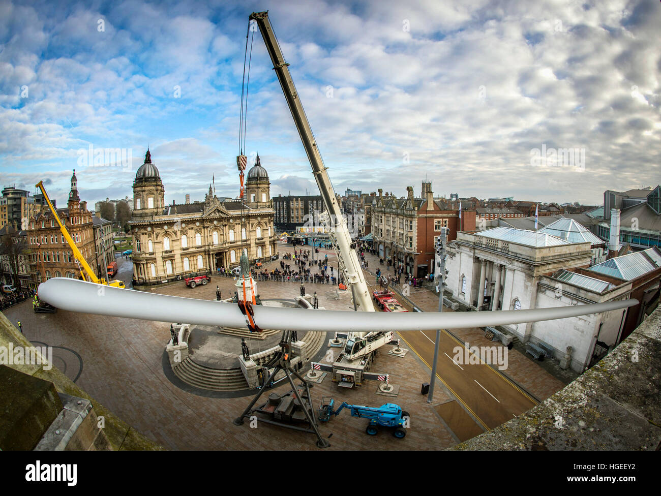 Art work 'Blade', A 250ft-long (75m) wind turbine, commissioned by multimedia artist Nayan Kulkarni and created by workers at the Siemens factory in Hull, is installed at Queen Victoria Square in Hull. Stock Photo