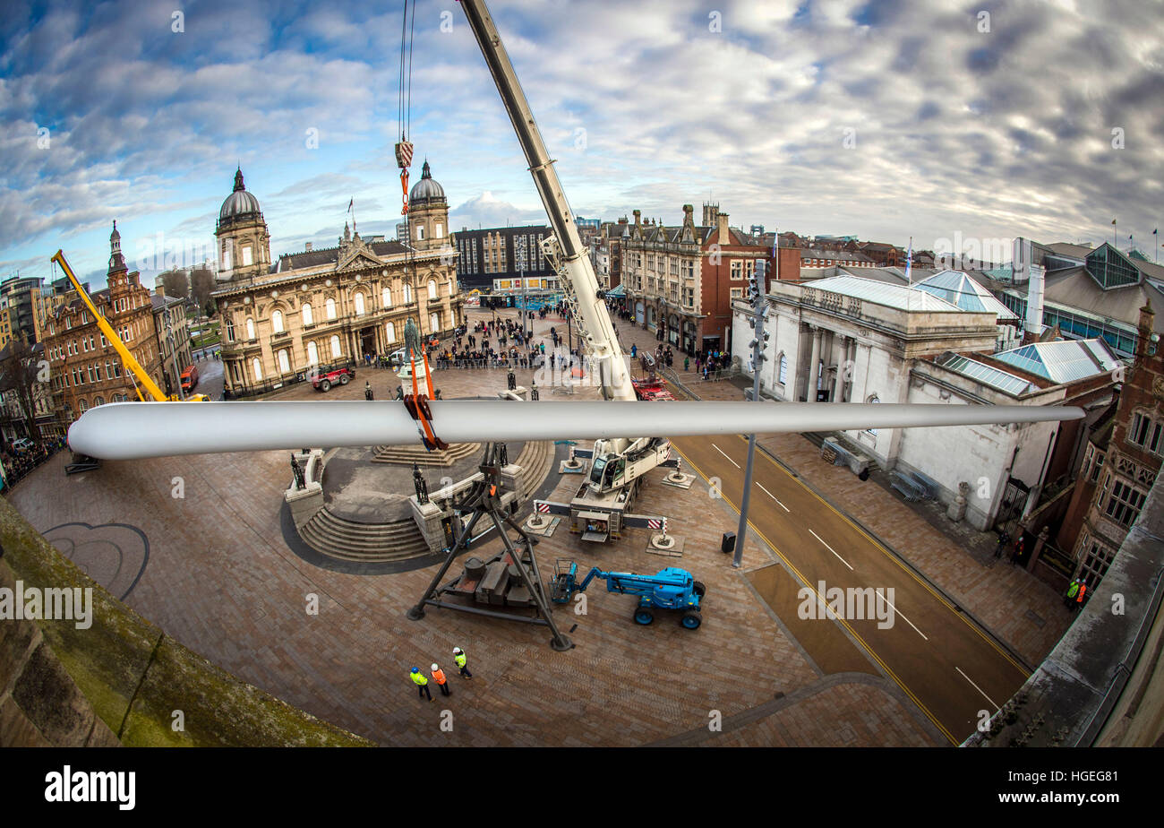 Art work Blade, a 250ft-long (75m) wind turbine, commissioned from multimedia artist Nayan Kulkarni and created by workers at the Siemens factory in Hull, is installed at Queen Victoria Square in Hull. Stock Photo