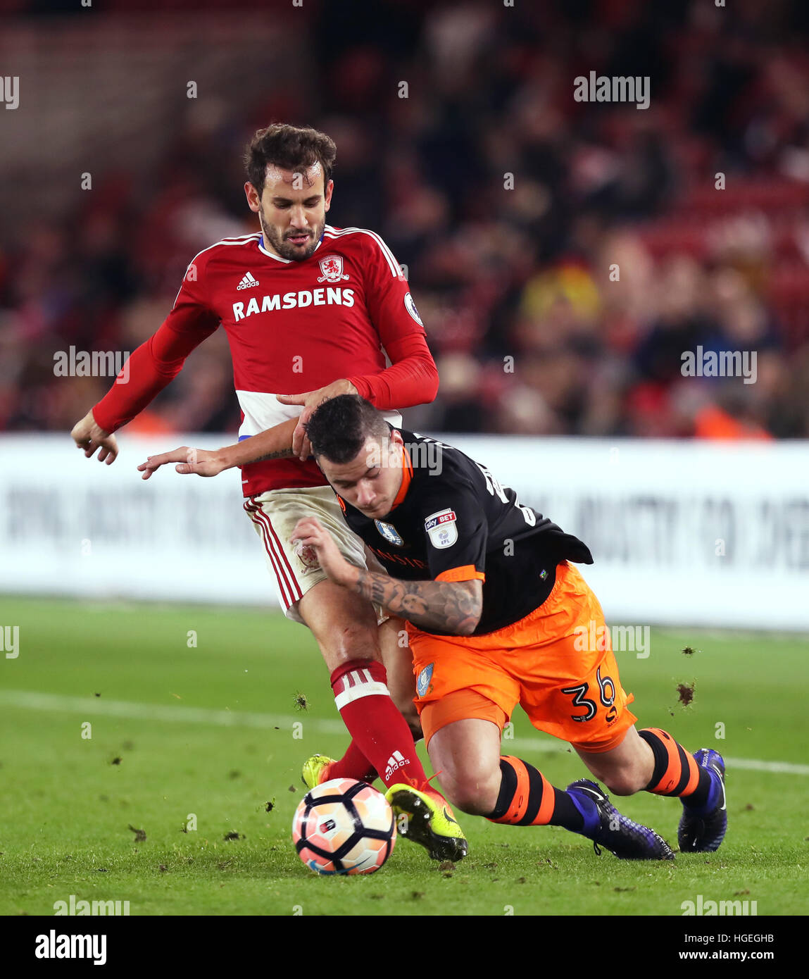 Middlesbrough's Cristhian Stuani (left) and Sheffield Wednesday's Daniel Pudil battle for the ball during the Emirates FA Cup, Third Round match at the Riverside Stadium, Middlesbrough. Stock Photo