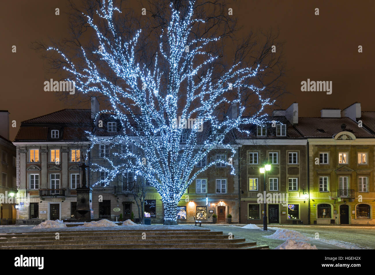 Warsaw, Old Town, Poland January 5 2017. Christmas decorations on the old city in Warsaw. New Town Square Stock Photo