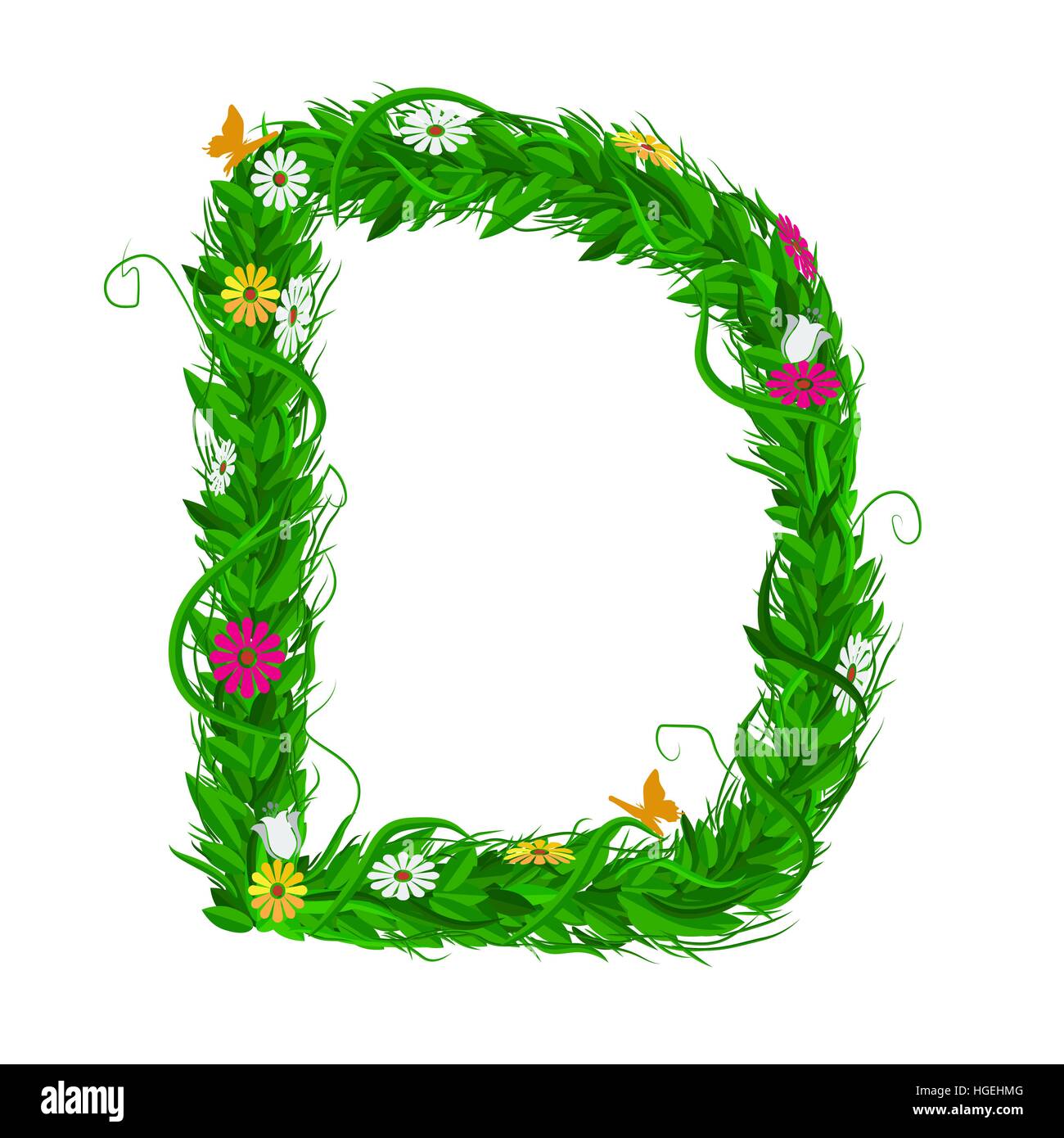 D Green eco letter with leaves and flowers for your design. Flat color style. Spring and summer concept. Vector Illustration Stock Vector
