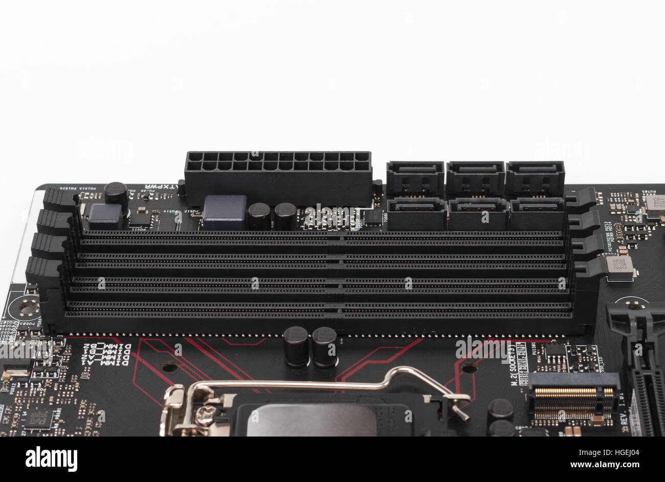 Slots for DDR4 memory in gaming motherboard, isolated on white background Stock Photo